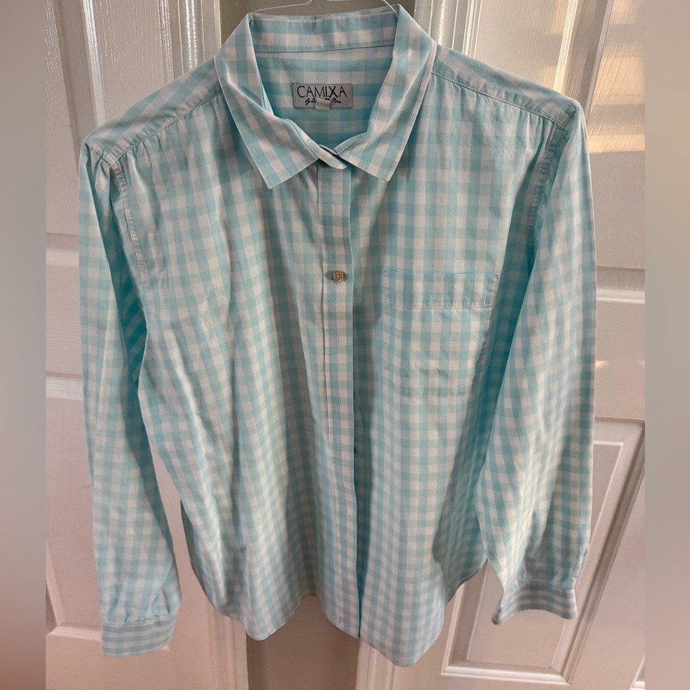 Women's Light Blue Checkered Button Down Shirt